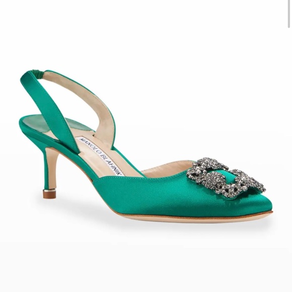 Manolo Blahnik Shoes - Manolo Blahnik Hangisi Kitten-Heel Satin Slingback Pump